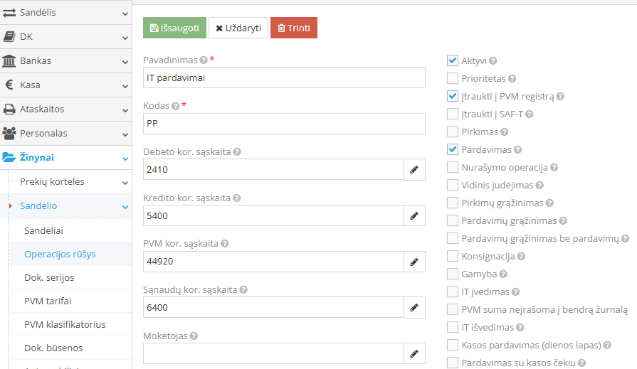 Creating an IT sale operation type in the accounting system